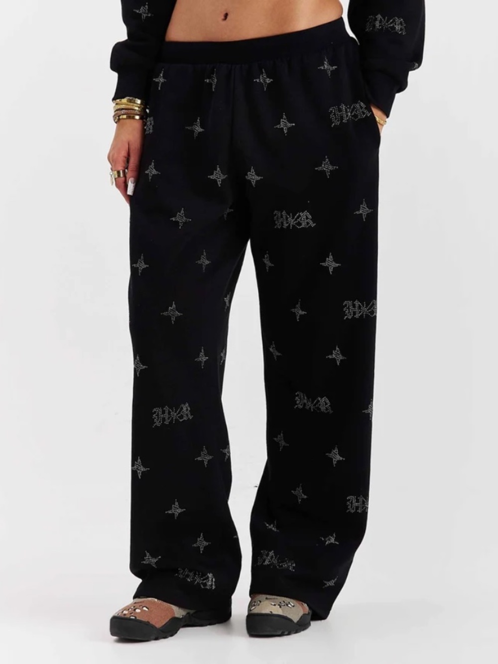 HOODRICH RAZOR OVERSIZED WIDE LEG JOGGERS BLACK/RHINESTONE